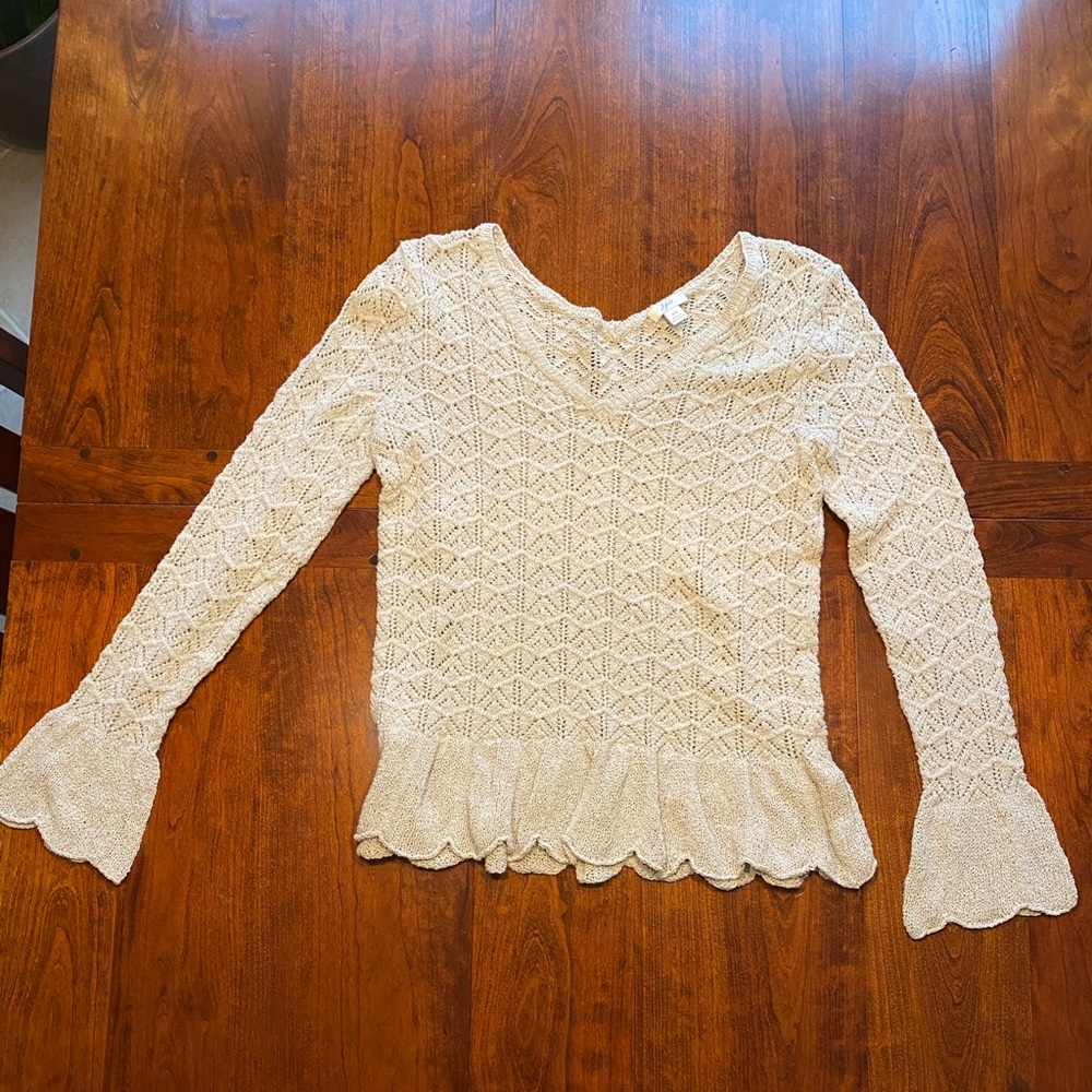 extra small j. jill women’s open knit crochet long sleeve cream v-neck sweater